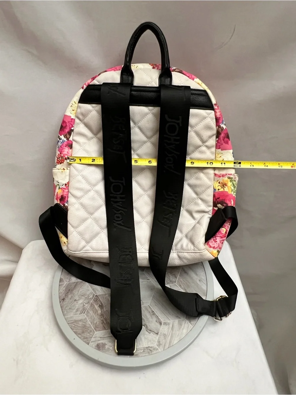 Betsey Johnson Floral Quilted Backpack White Pink Roses Gold Hardware